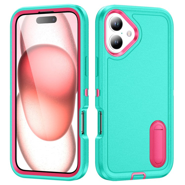 For iPhone 16 Plus Case Kickstand Phone Cover PC+Silicone+EVA 3-in-1 Design - Light Cyan+Rose