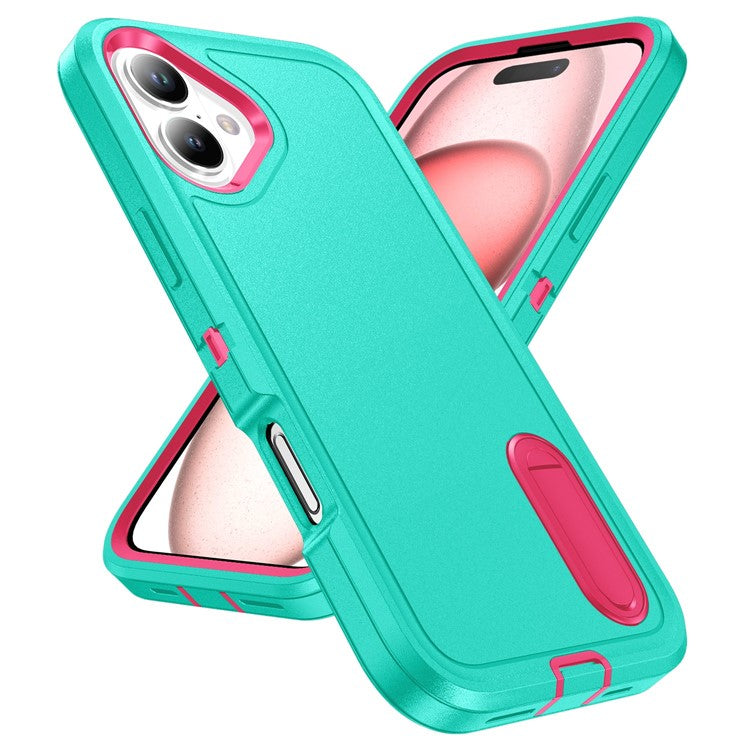 For iPhone 16 Plus Case Kickstand Phone Cover PC+Silicone+EVA 3-in-1 Design - Light Cyan+Rose