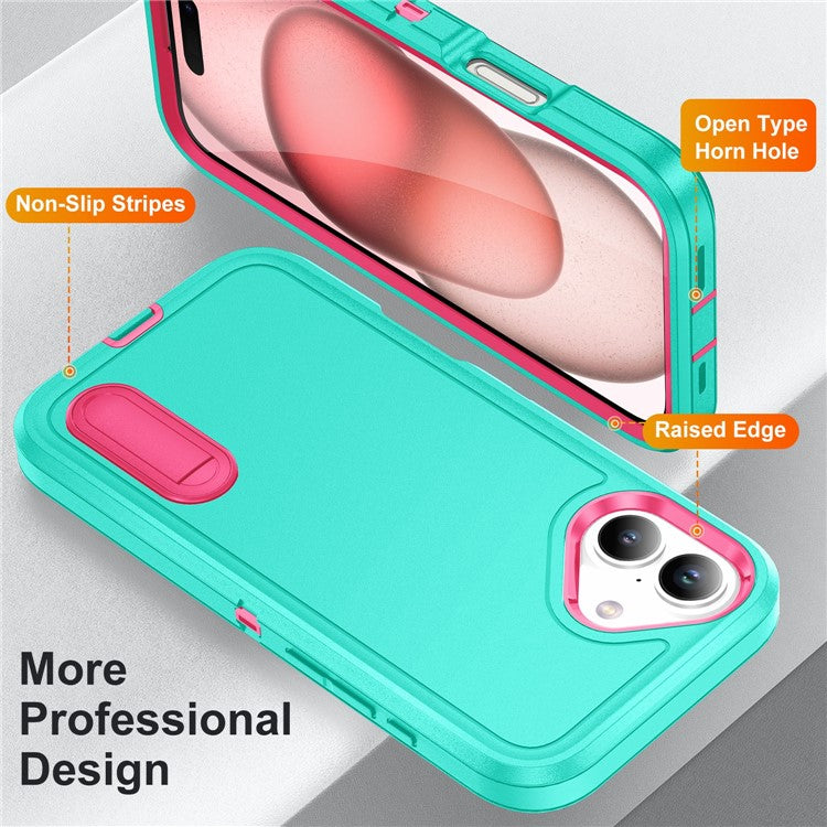 For iPhone 16 Plus Case Kickstand Phone Cover PC+Silicone+EVA 3-in-1 Design - Light Cyan+Rose