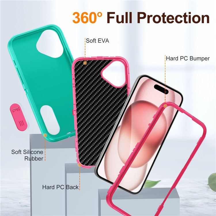 For iPhone 16 Plus Case Kickstand Phone Cover PC+Silicone+EVA 3-in-1 Design - Light Cyan+Rose