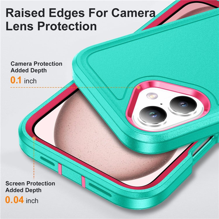 For iPhone 16 Plus Case Kickstand Phone Cover PC+Silicone+EVA 3-in-1 Design - Light Cyan+Rose