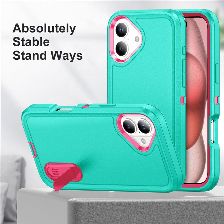 For iPhone 16 Plus Case Kickstand Phone Cover PC+Silicone+EVA 3-in-1 Design - Light Cyan+Rose