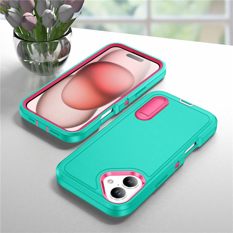 For iPhone 16 Plus Case Kickstand Phone Cover PC+Silicone+EVA 3-in-1 Design - Light Cyan+Rose