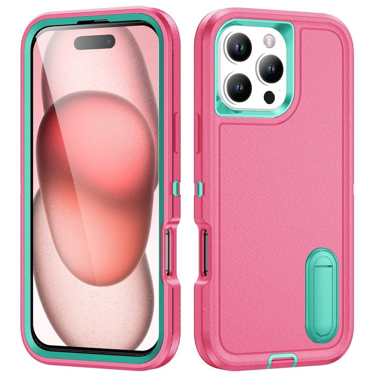 For iPhone 16 Pro Case PC+Silicone+EVA 3-in-1 Protective Phone Cover with Kickstand - Rose+Light Cyan