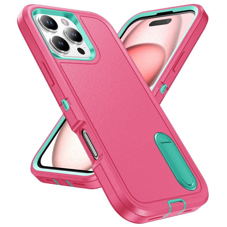 For iPhone 16 Pro Case PC+Silicone+EVA 3-in-1 Protective Phone Cover with Kickstand - Rose+Light Cyan