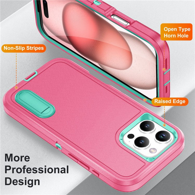 For iPhone 16 Pro Case PC+Silicone+EVA 3-in-1 Protective Phone Cover with Kickstand - Rose+Light Cyan