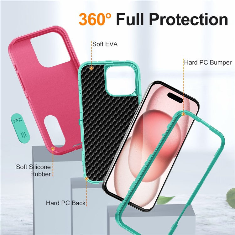 For iPhone 16 Pro Case PC+Silicone+EVA 3-in-1 Protective Phone Cover with Kickstand - Rose+Light Cyan