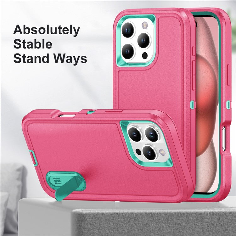 For iPhone 16 Pro Case PC+Silicone+EVA 3-in-1 Protective Phone Cover with Kickstand - Rose+Light Cyan