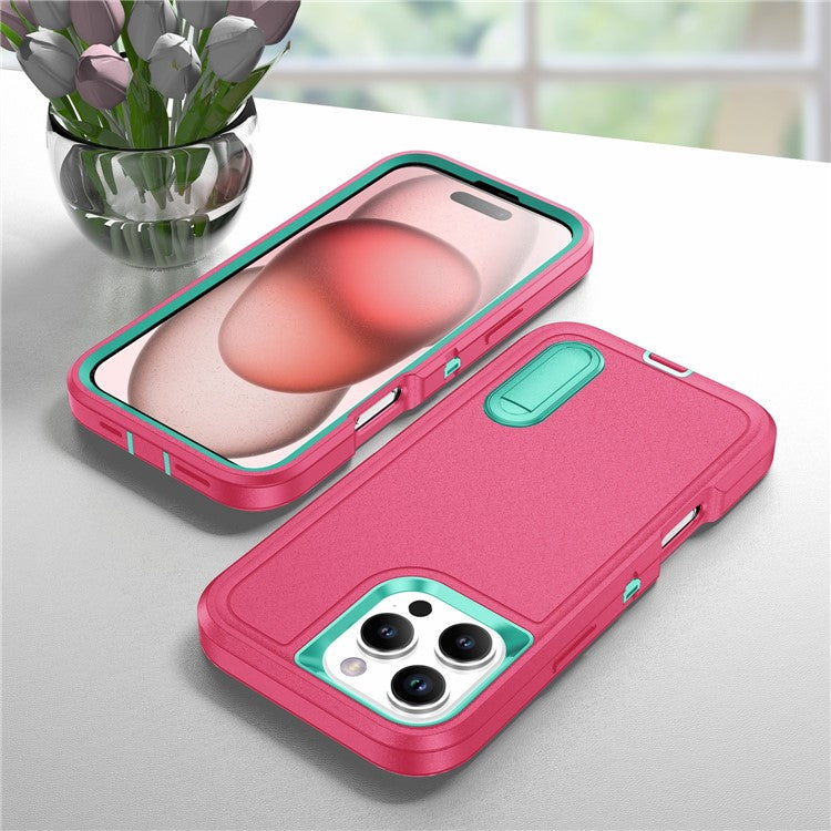 For iPhone 16 Pro Case PC+Silicone+EVA 3-in-1 Protective Phone Cover with Kickstand - Rose+Light Cyan