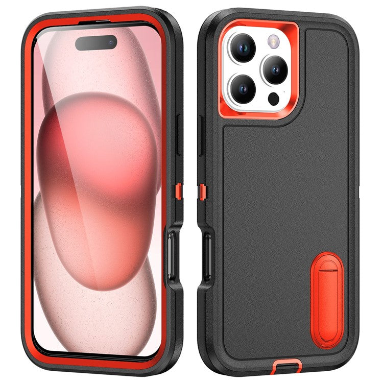For iPhone 16 Pro Case PC+Silicone+EVA 3-in-1 Protective Phone Cover with Kickstand - Black+Orange