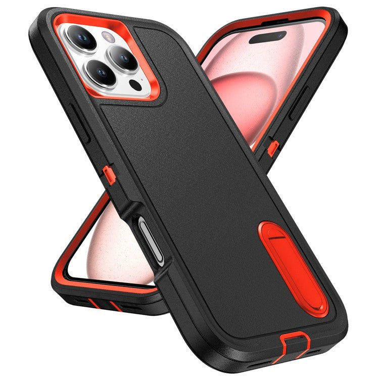 For iPhone 16 Pro Case PC+Silicone+EVA 3-in-1 Protective Phone Cover with Kickstand - Black+Orange