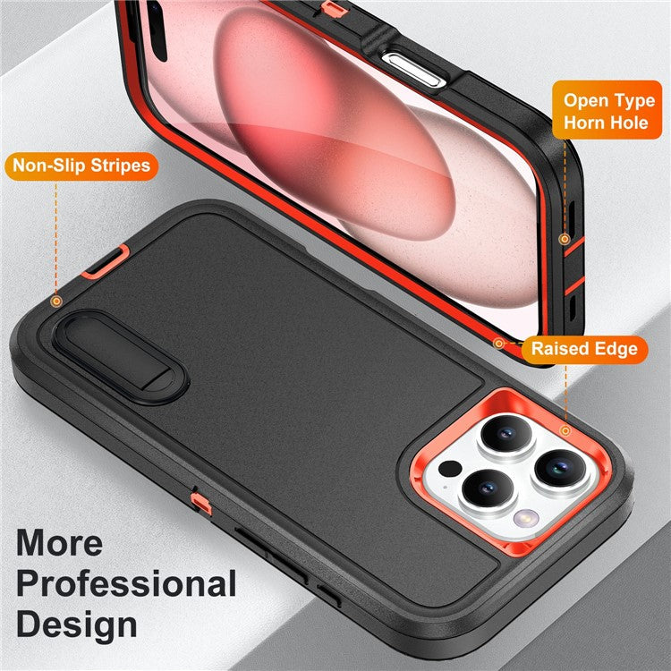For iPhone 16 Pro Case PC+Silicone+EVA 3-in-1 Protective Phone Cover with Kickstand - Black+Orange