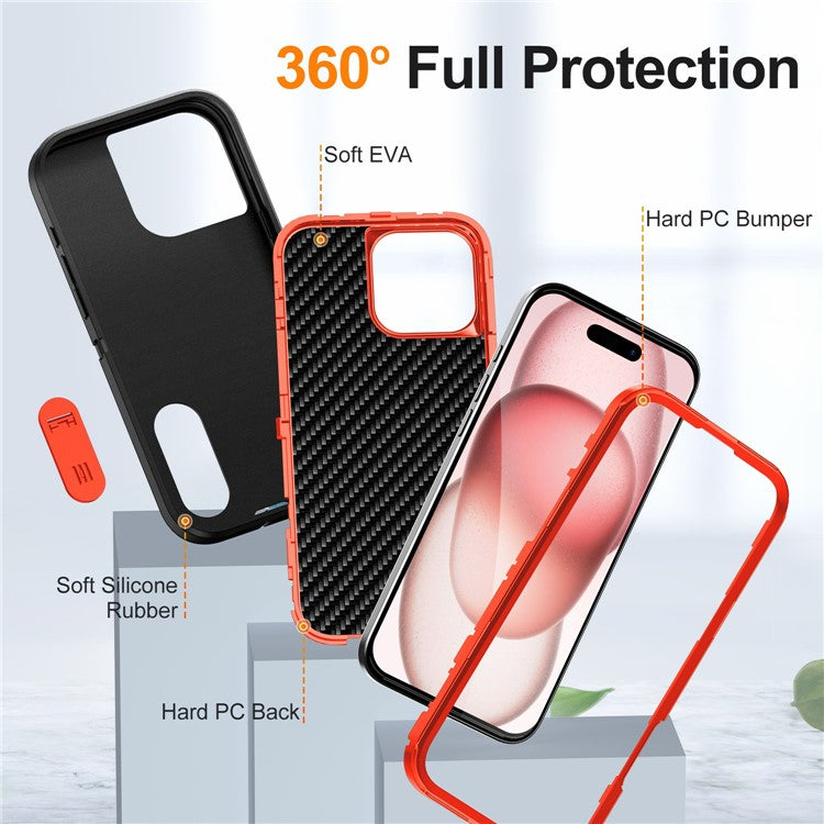 For iPhone 16 Pro Case PC+Silicone+EVA 3-in-1 Protective Phone Cover with Kickstand - Black+Orange