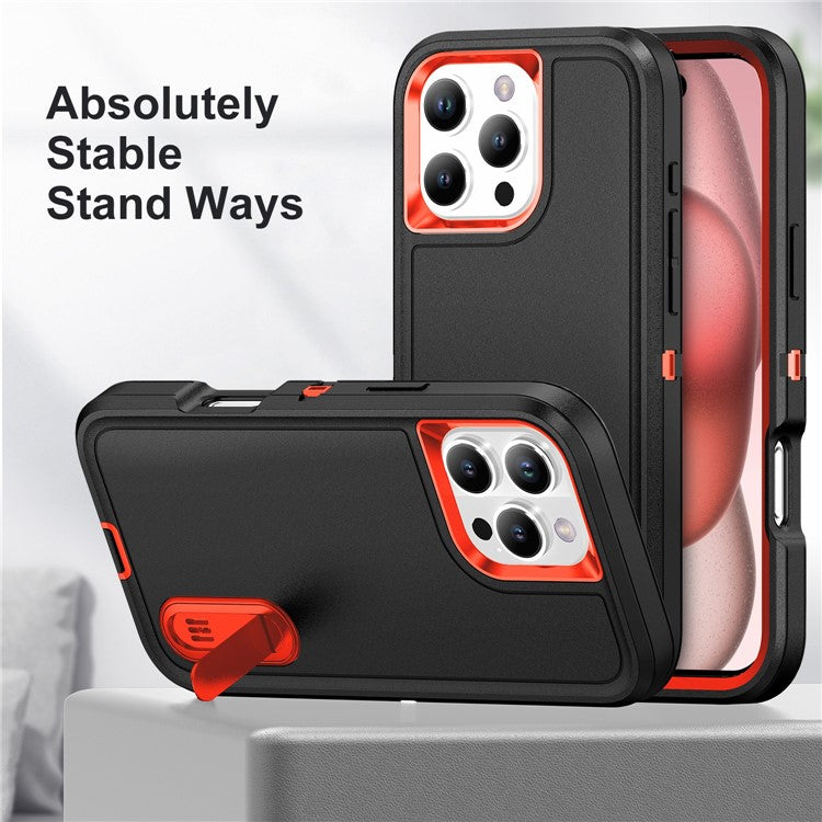 For iPhone 16 Pro Case PC+Silicone+EVA 3-in-1 Protective Phone Cover with Kickstand - Black+Orange