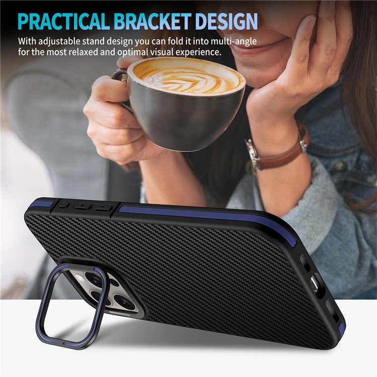 For iPhone 16 Pro Case Carbon Fiber Texture Soft TPU Cover with PC Lens Frame Kickstand - Blue