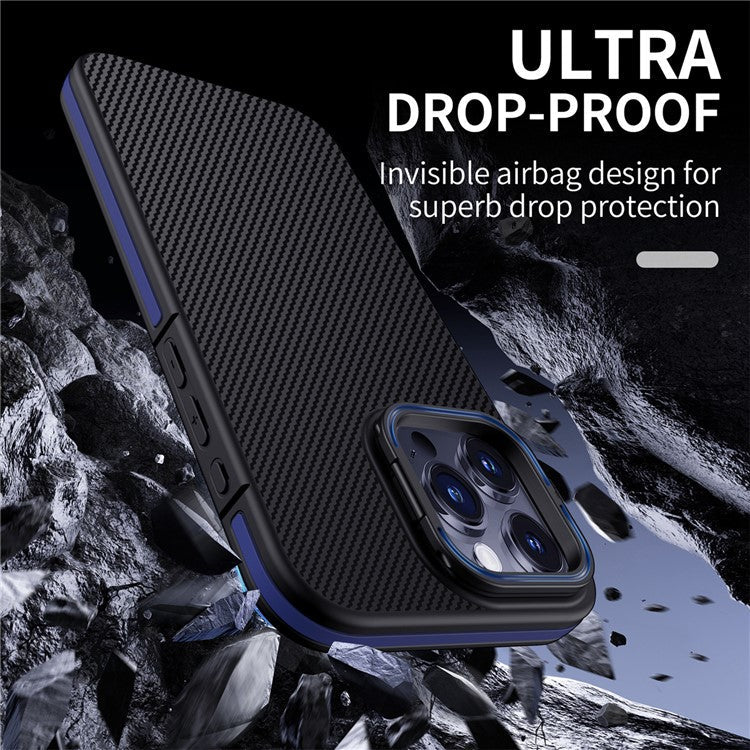 For iPhone 16 Pro Case Carbon Fiber Texture Soft TPU Cover with PC Lens Frame Kickstand - Blue