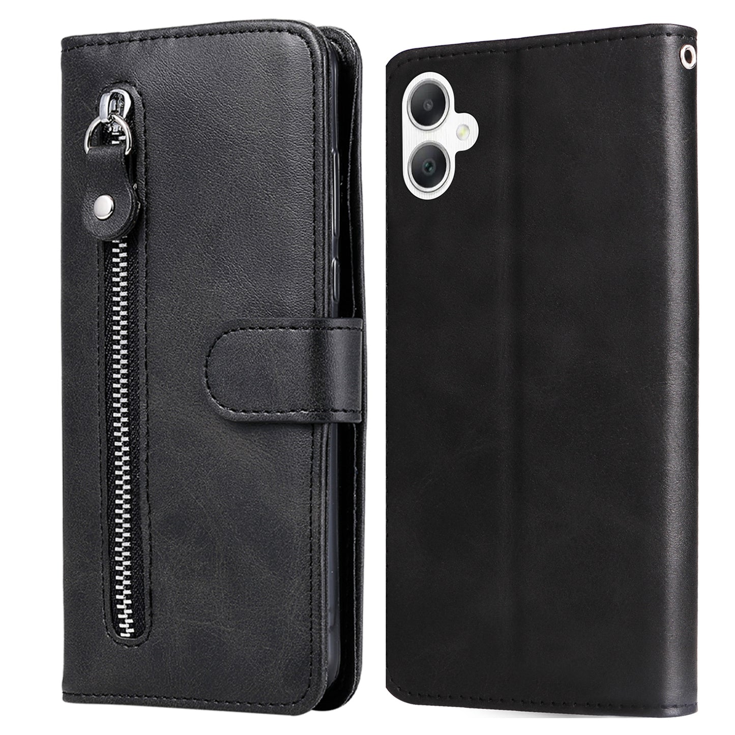 For Samsung Galaxy A06 Case Zipper Wallet Calf Texture PU Leather Phone Cover - Black