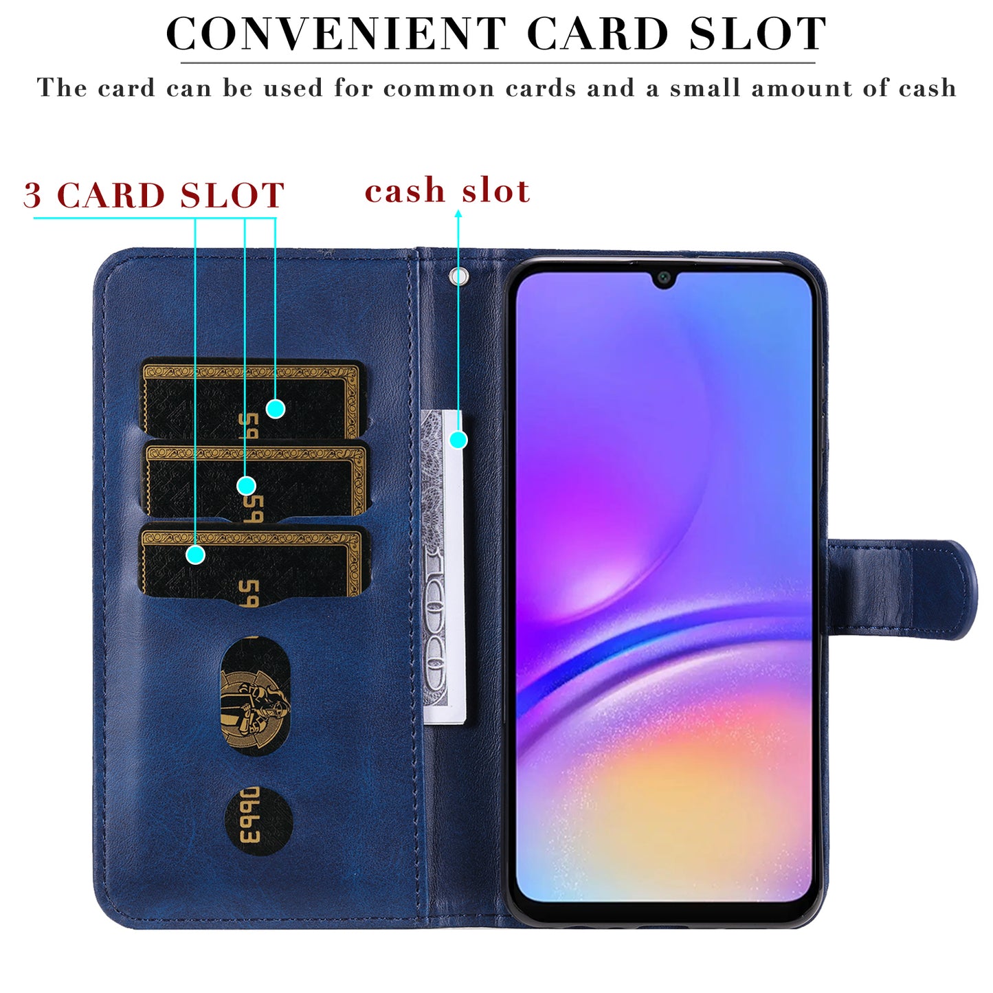 For Samsung Galaxy A06 Case Zipper Wallet Calf Texture PU Leather Phone Cover - Blue