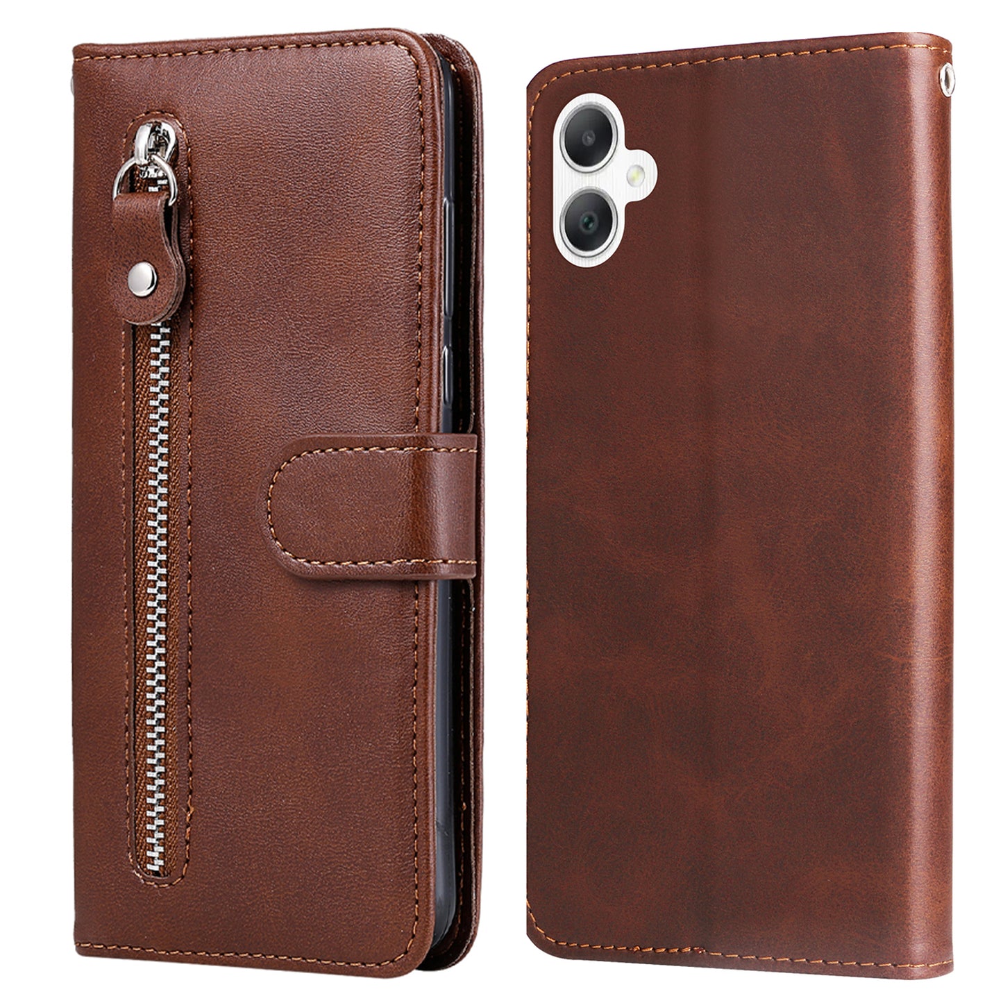 For Samsung Galaxy A06 Case Zipper Wallet Calf Texture PU Leather Phone Cover - Brown