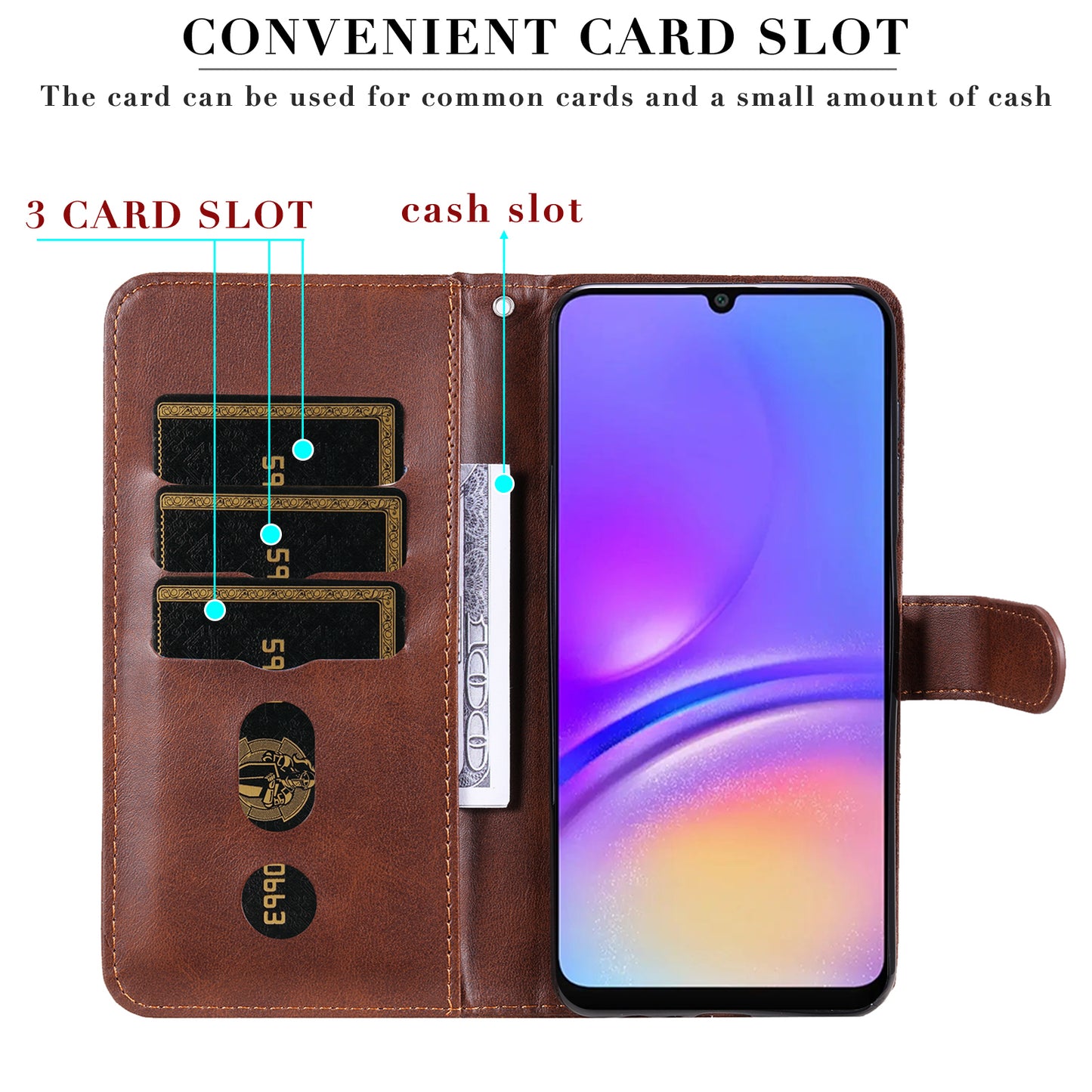 For Samsung Galaxy A06 Case Zipper Wallet Calf Texture PU Leather Phone Cover - Brown