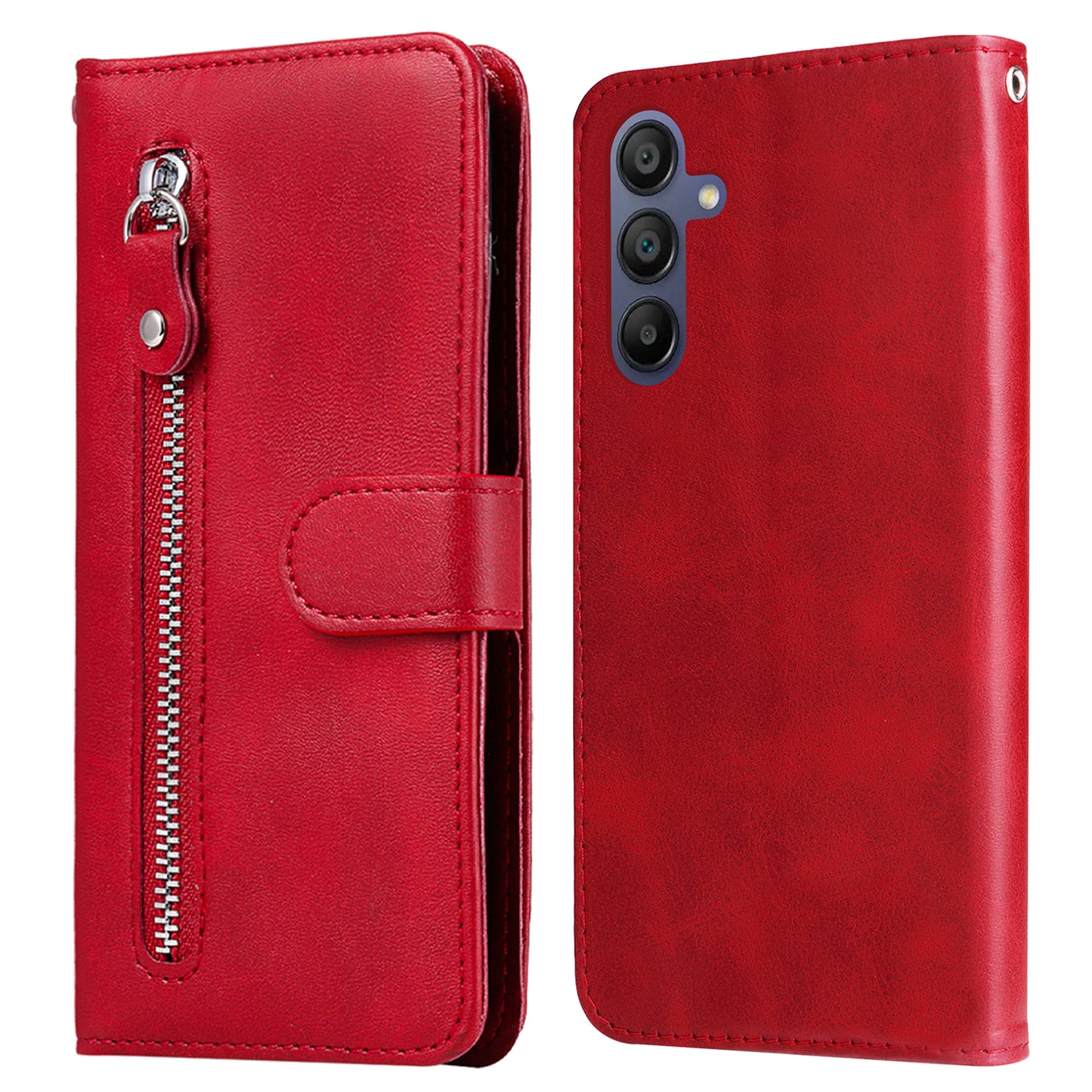 For Samsung Galaxy A16 5G / A16 4G Case Zipper Wallet Calf Texture PU Leather Phone Cover - Red