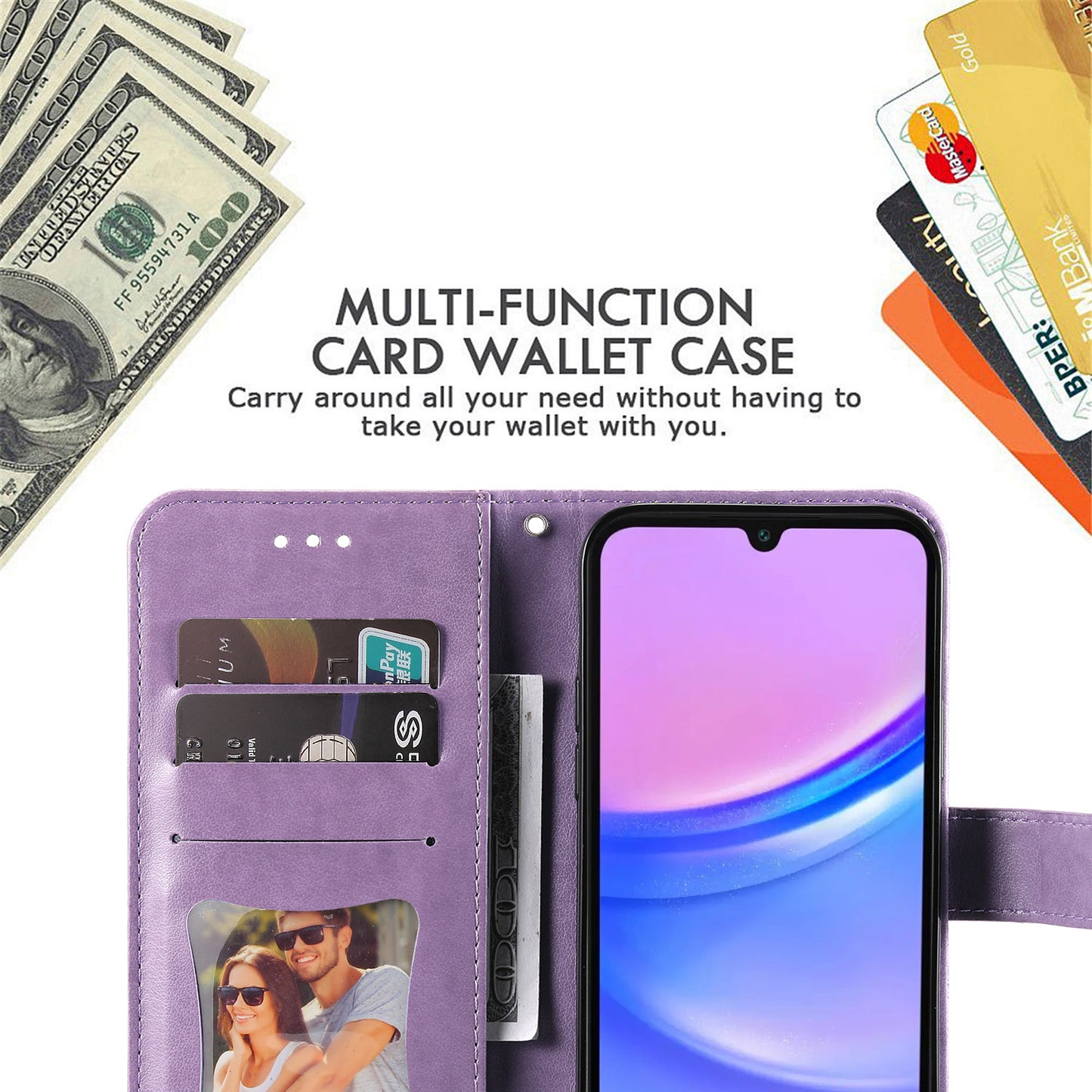 For Samsung Galaxy A16 5G / A16 4G Case PU Leather Wallet Floral Phone Cover Stand View - Purple