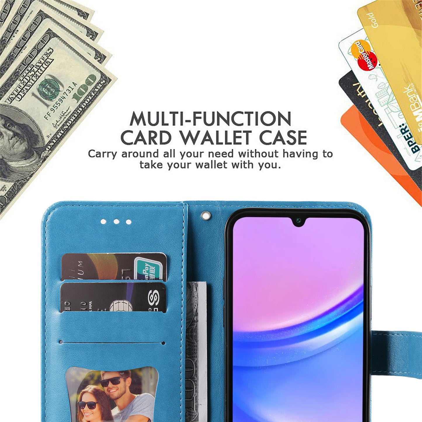 For Samsung Galaxy A16 5G / A16 4G Case PU Leather Wallet Floral Phone Cover Stand View - Blue