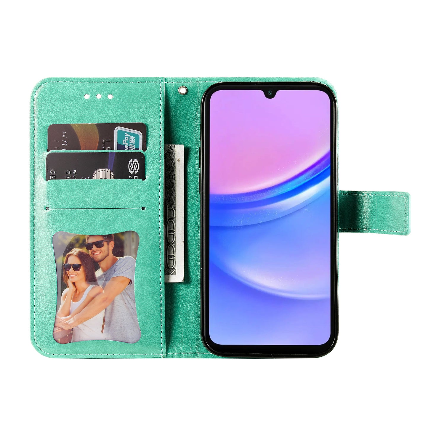 For Samsung Galaxy A16 5G / A16 4G Case PU Leather Wallet Floral Phone Cover Stand View - Green