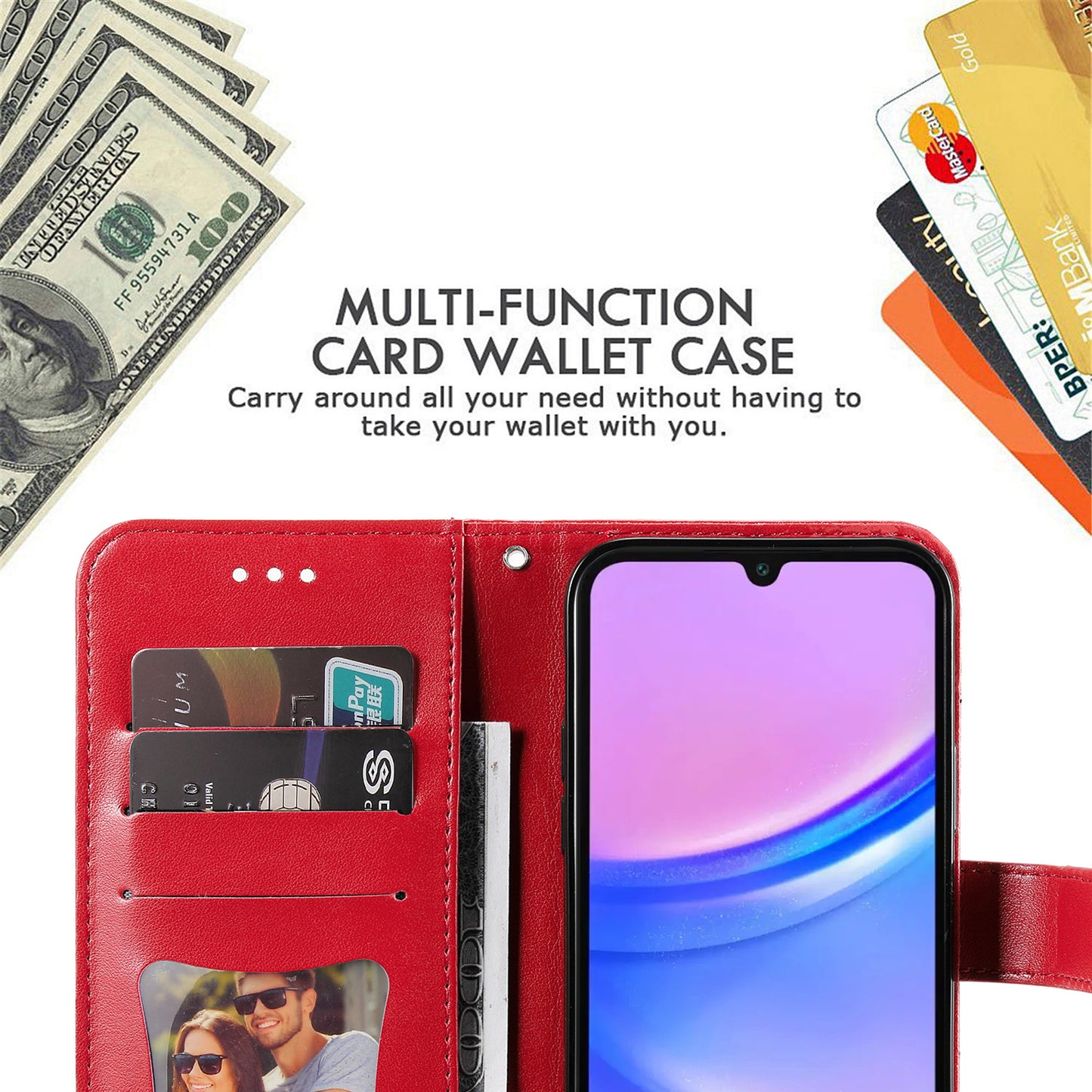 For Samsung Galaxy A16 5G / A16 4G Case PU Leather Wallet Floral Phone Cover Stand View - Red