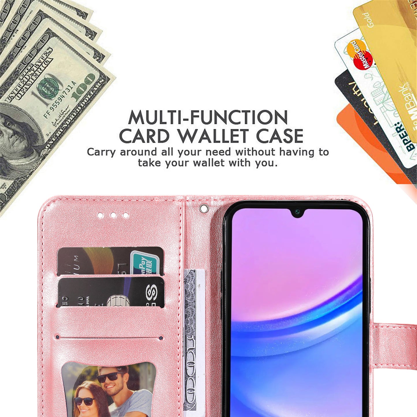 For Samsung Galaxy A16 5G / A16 4G Case PU Leather Wallet Floral Phone Cover Stand View - Pink