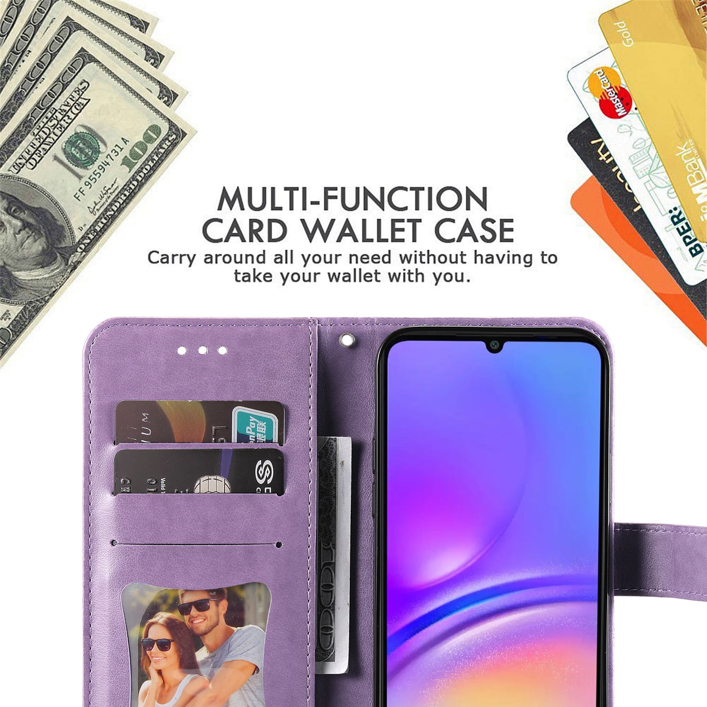 For Samsung Galaxy A06 Case PU Leather Wallet Floral Phone Cover Stand View - Purple