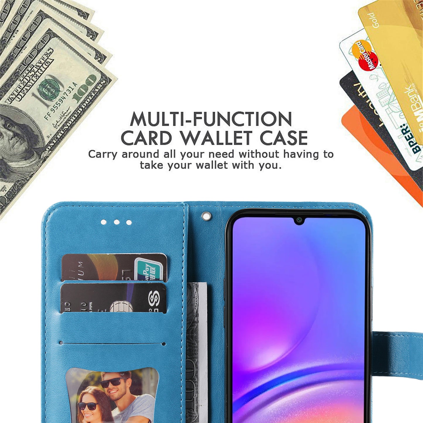 For Samsung Galaxy A06 Case PU Leather Wallet Floral Phone Cover Stand View - Blue