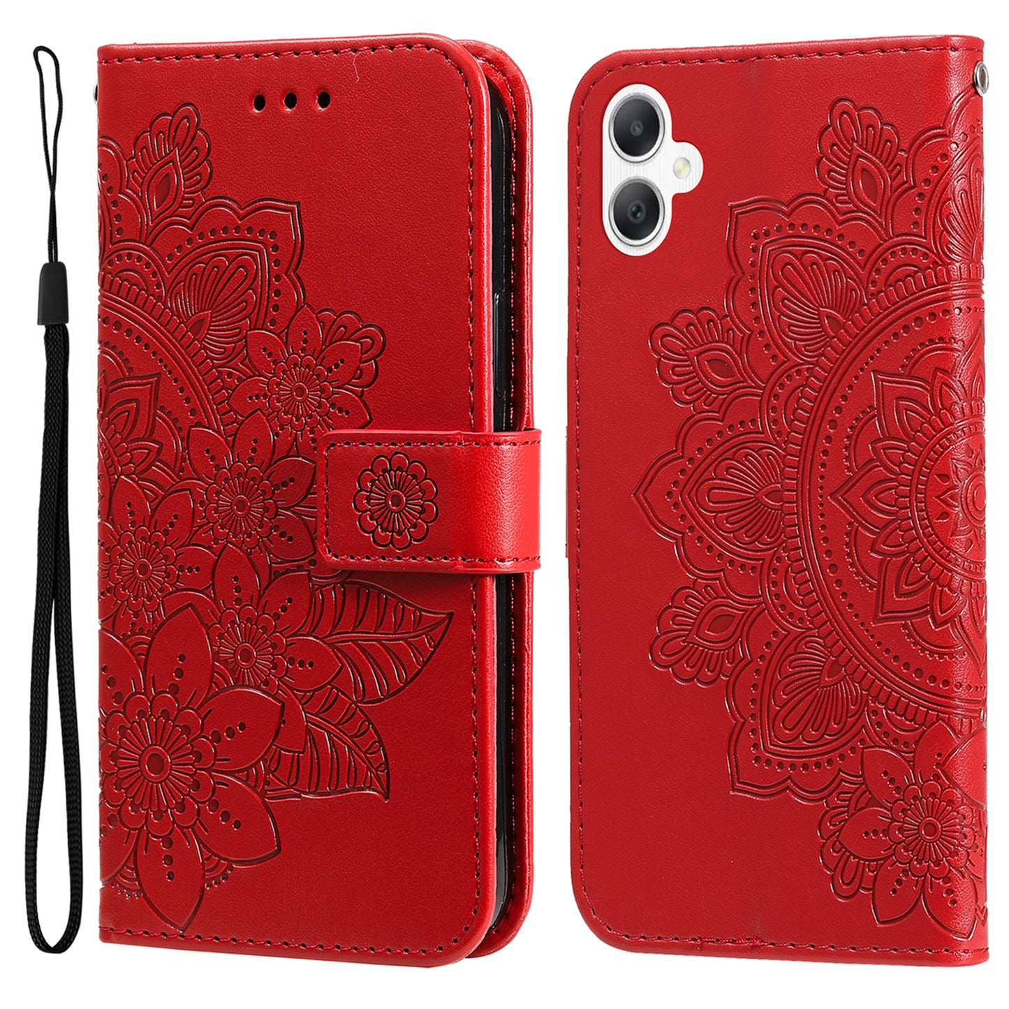 For Samsung Galaxy A06 Case PU Leather Wallet Floral Phone Cover Stand View - Red