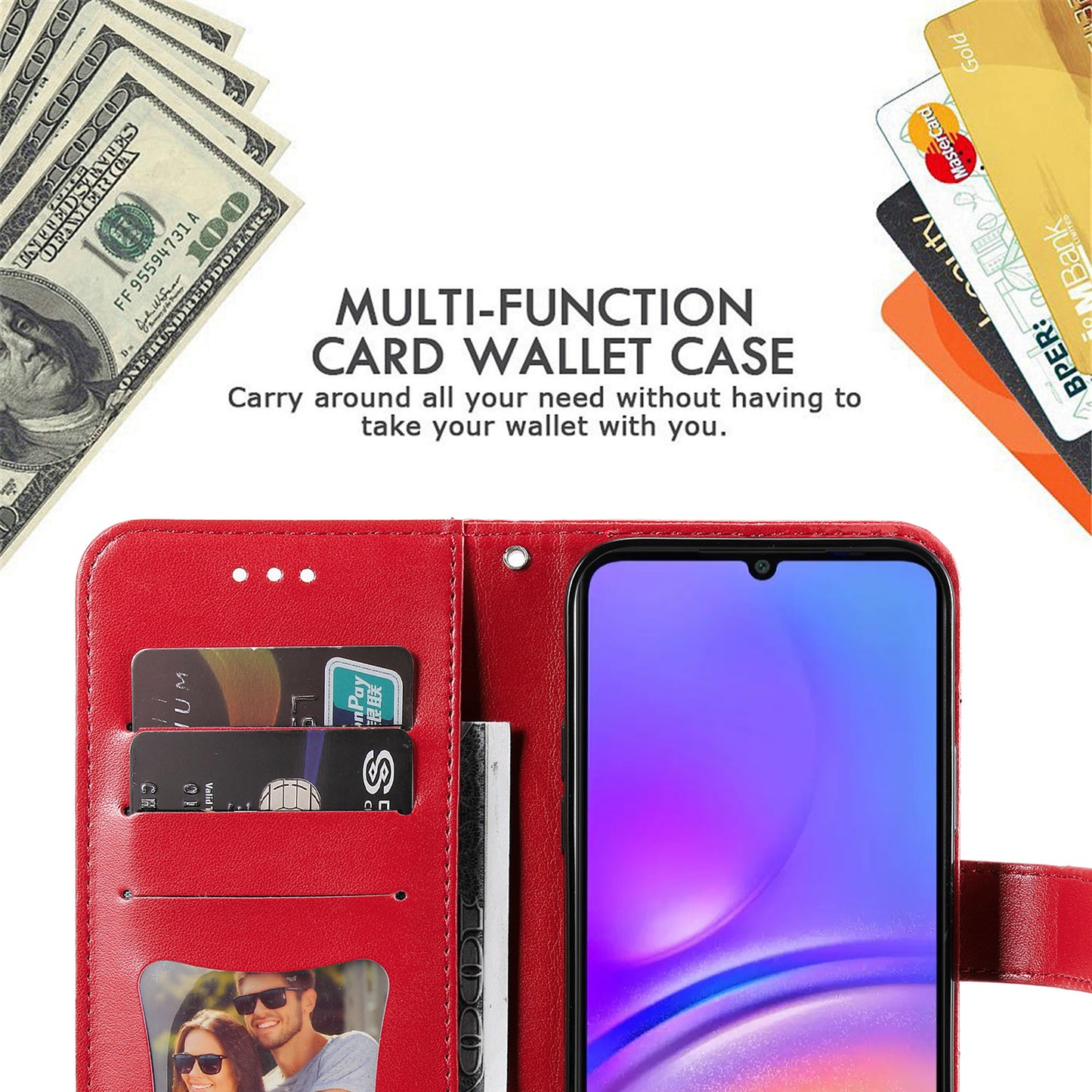 For Samsung Galaxy A06 Case PU Leather Wallet Floral Phone Cover Stand View - Red