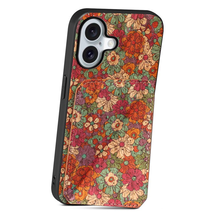 For iPhone 16 Plus Case with Card Holder Flowers Design Leather Phone Cover Kickstand - Summer  /  Red