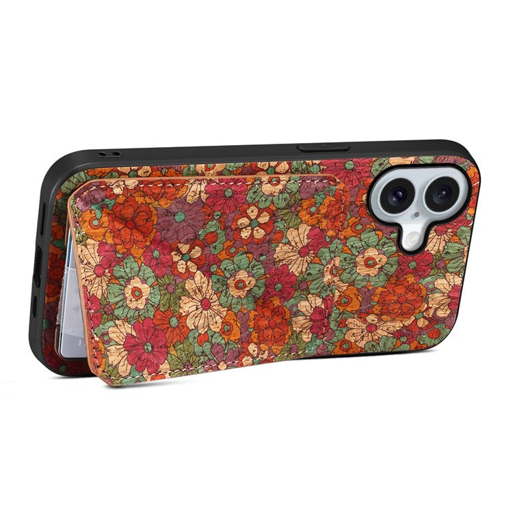 For iPhone 16 Plus Case with Card Holder Flowers Design Leather Phone Cover Kickstand - Summer  /  Red