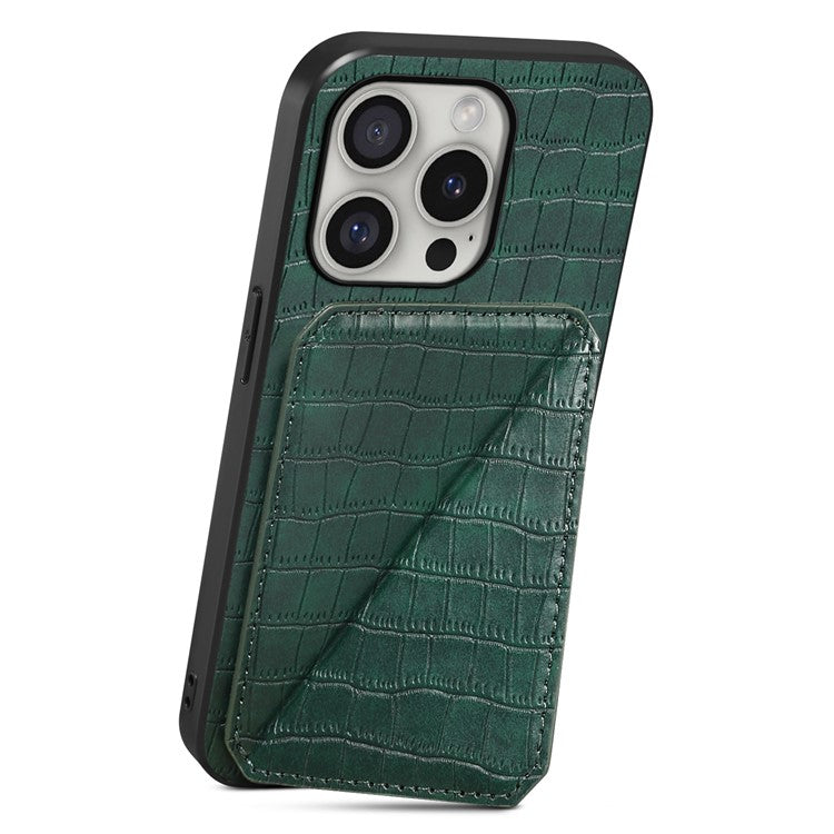 D03 Style For iPhone 16 Pro Case Crocodile Texture PU+PC+TPU Phone Cover with Kickstand, Card Slot - Green