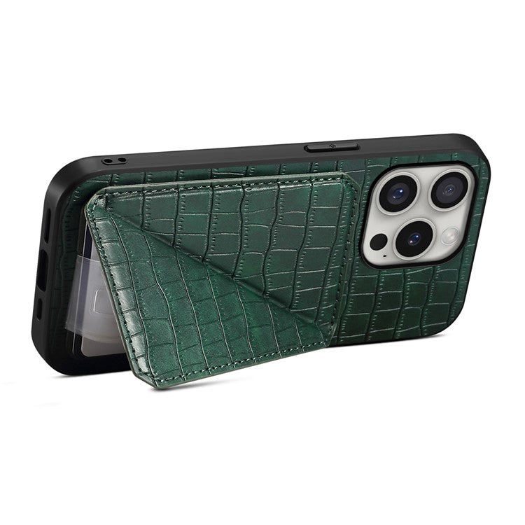D03 Style For iPhone 16 Pro Case Crocodile Texture PU+PC+TPU Phone Cover with Kickstand, Card Slot - Green