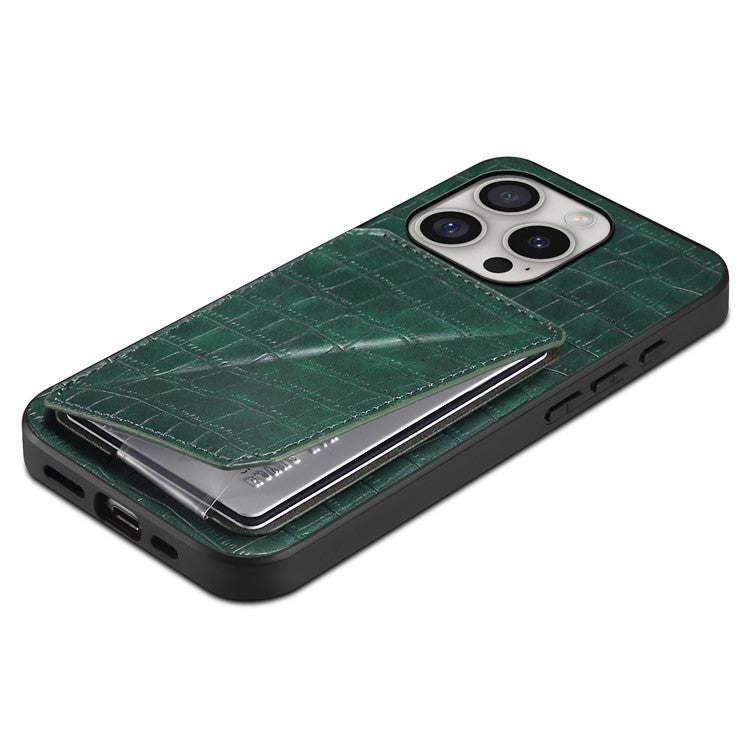 D03 Style For iPhone 16 Pro Case Crocodile Texture PU+PC+TPU Phone Cover with Kickstand, Card Slot - Green