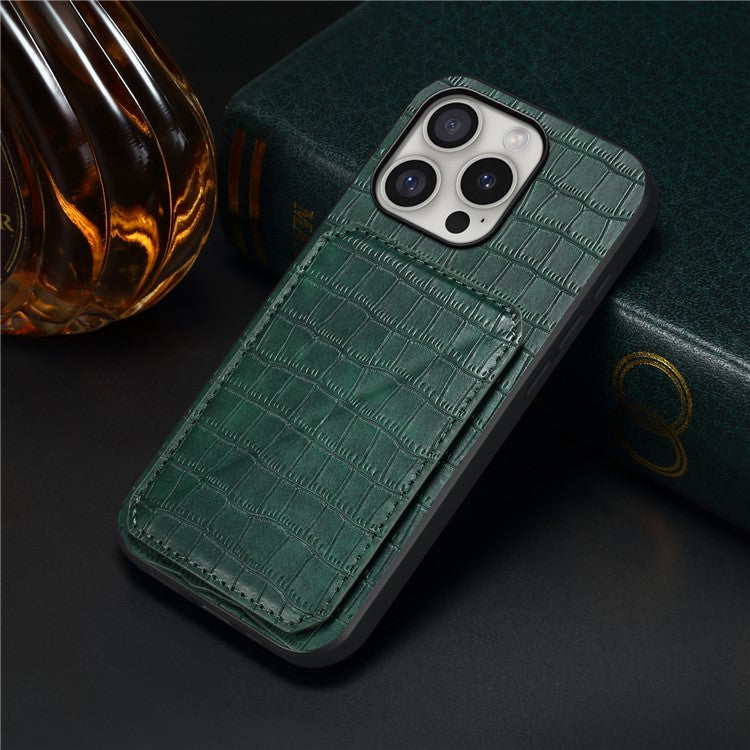 D03 Style For iPhone 16 Pro Case Crocodile Texture PU+PC+TPU Phone Cover with Kickstand, Card Slot - Green