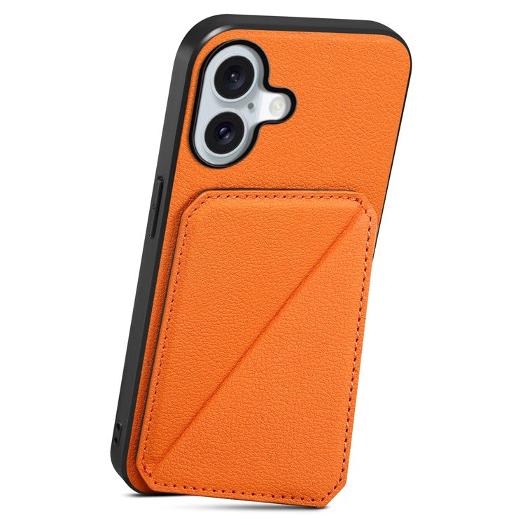DENIOR D04 For iPhone 16 Case Dual Card Slots Leather+PC+TPU Kickstand Phone Cover - Orange