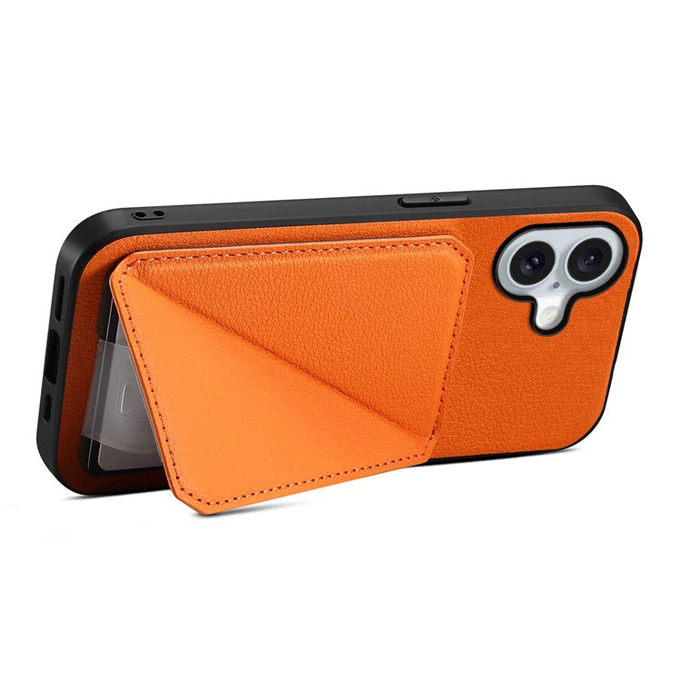 DENIOR D04 For iPhone 16 Case Dual Card Slots Leather+PC+TPU Kickstand Phone Cover - Orange