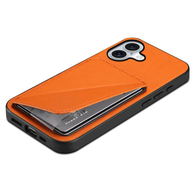 DENIOR D04 For iPhone 16 Case Dual Card Slots Leather+PC+TPU Kickstand Phone Cover - Orange