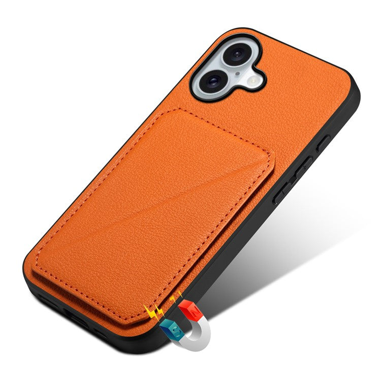 DENIOR D04 For iPhone 16 Case Dual Card Slots Leather+PC+TPU Kickstand Phone Cover - Orange