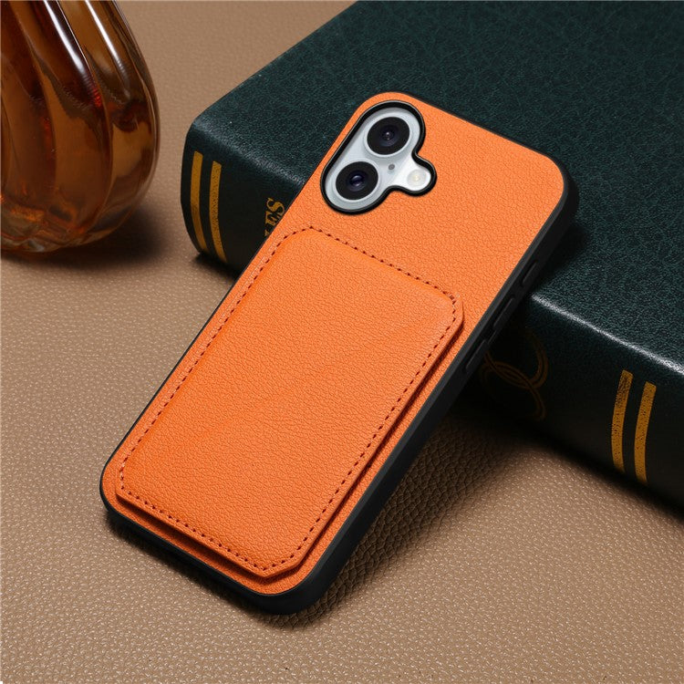 DENIOR D04 For iPhone 16 Case Dual Card Slots Leather+PC+TPU Kickstand Phone Cover - Orange