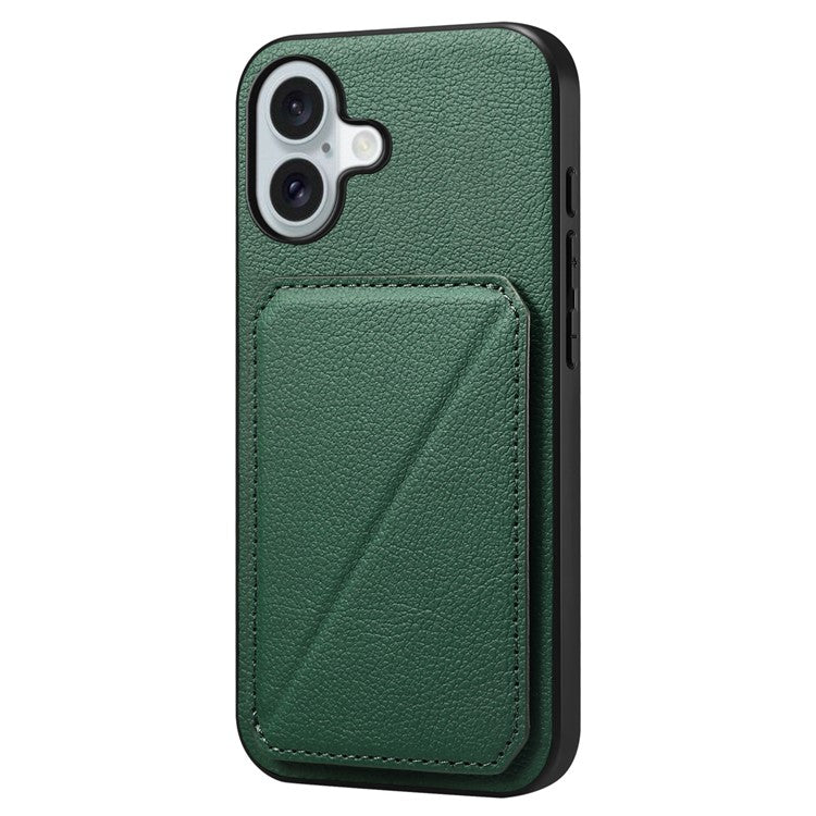 DENIOR D04 For iPhone 16 Case Dual Card Slots Leather+PC+TPU Kickstand Phone Cover - Green
