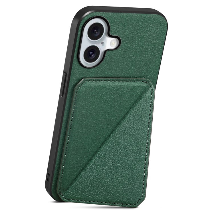 DENIOR D04 For iPhone 16 Case Dual Card Slots Leather+PC+TPU Kickstand Phone Cover - Green