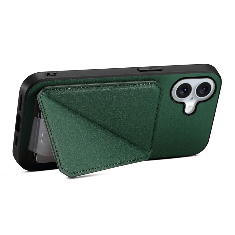 DENIOR D04 For iPhone 16 Case Dual Card Slots Leather+PC+TPU Kickstand Phone Cover - Green