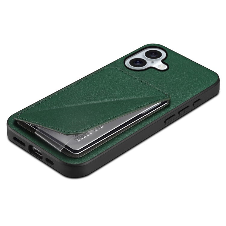 DENIOR D04 For iPhone 16 Case Dual Card Slots Leather+PC+TPU Kickstand Phone Cover - Green