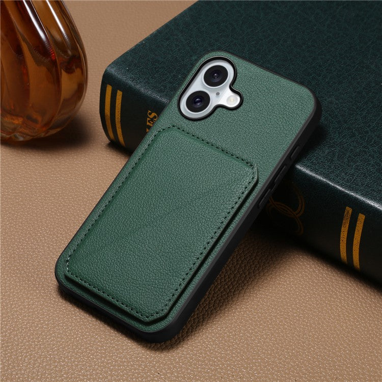 DENIOR D04 For iPhone 16 Case Dual Card Slots Leather+PC+TPU Kickstand Phone Cover - Green